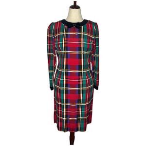 Vtg Lanz 80s/90s Dress Size 10 M Red Tartan Plaid Midi Sheath Velvet Cuff Bow